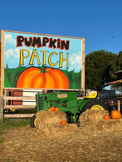 A green tractor sits on hay bales in front of a colorful "Pumpkin Patch" sign with pumpkins and blue sky.