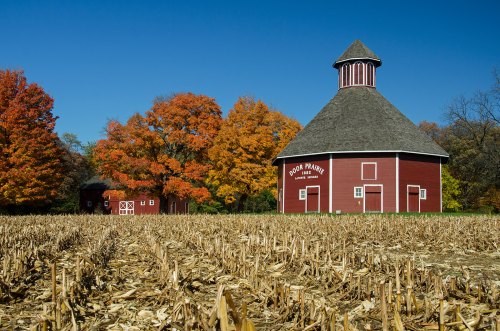 A red barn with a circular roof stands beside a field of harvested corn, surrounded by vibrant autumn trees.