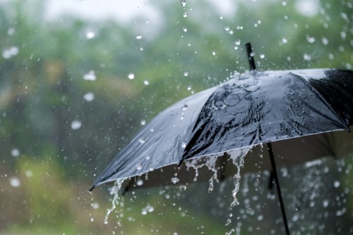 A black umbrella in heavy rain, with droplets splashing around it against a blurred green background.