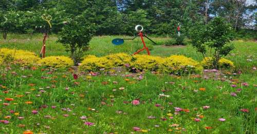 Colorful garden scene with flowers, whimsical stick figures, and lush greenery in the background.