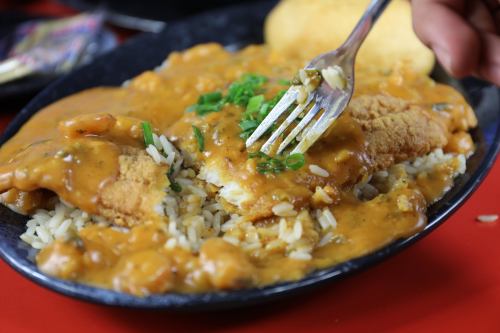 A plate of rice topped with fish in a creamy sauce, garnished with green onions, and a hand holding a fork.