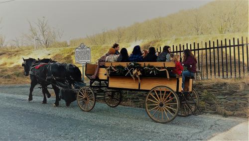 A horse-drawn wagon carries a group of people along a rural road, with a wooden fence and hillside in the background.
