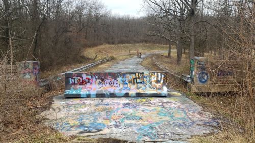A graffiti-covered concrete barrier blocks a deserted, overgrown road surrounded by bare trees.