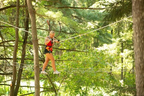 A person navigating a high ropes course among trees, showcasing balance and adventure in a natural setting.