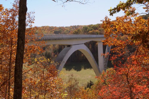A modern bridge arches over a valley, surrounded by vibrant autumn foliage in shades of orange and red.