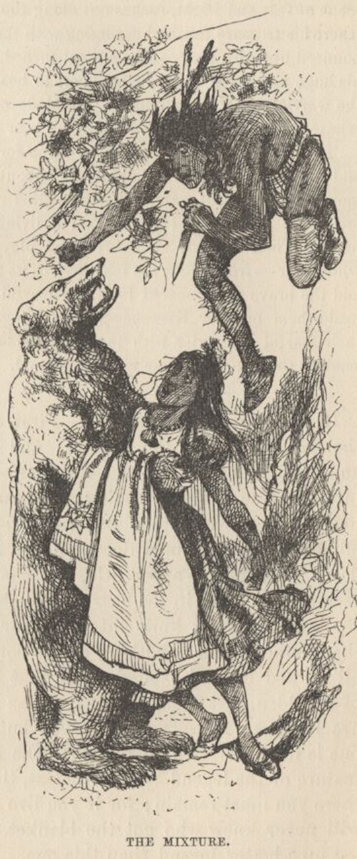 An illustration depicting a bear, a girl in a dress, and a figure leaping from a tree, titled "The Mixture."