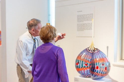 A man and a woman examine a colorful art piece in a gallery, with an informational plaque on the wall nearby.