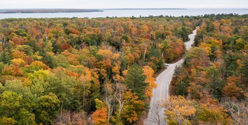 Aerial view of a winding road through vibrant autumn foliage near a calm lake.