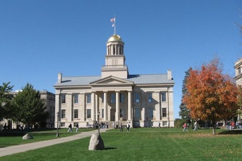 Historic building with a golden dome, surrounded by green grass and trees, under a clear blue sky.