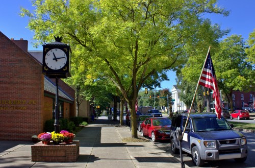 A sunny street scene featuring a clock, a tree, parked cars, and an American flag.