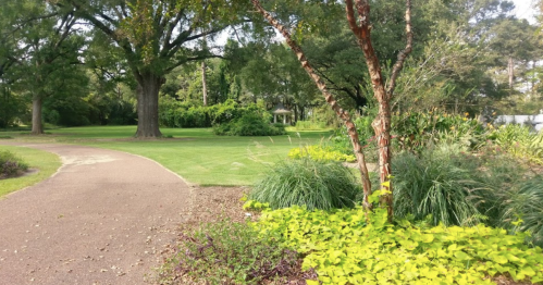 A serene park scene featuring a winding path, lush greenery, and a gazebo in the background.