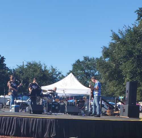 A live band performs on stage outdoors, surrounded by trees and an audience at a sunny event.