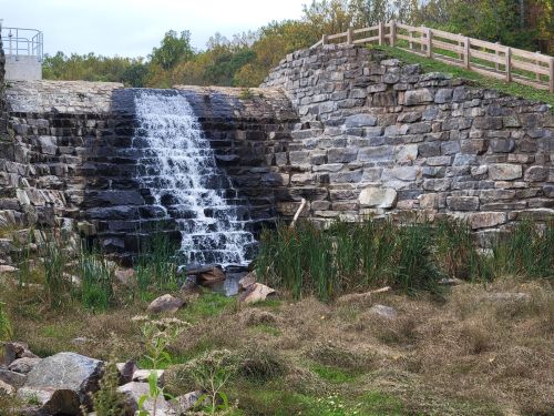 A small waterfall cascades over stone steps, surrounded by grass and plants, with a wooden fence in the background.