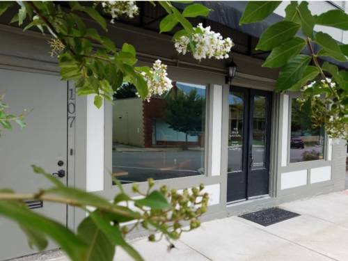 A storefront with large windows, framed by green leaves and flowers, on a quiet street.
