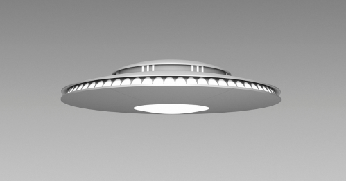 A sleek, futuristic flying saucer with a smooth, rounded design and a glowing center, set against a gray background.