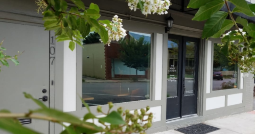 A storefront with large windows, framed by greenery, showcasing a quiet street view.