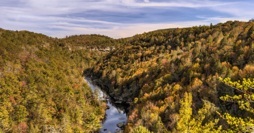 A scenic view of a winding river surrounded by lush, colorful autumn foliage and rolling hills under a blue sky.