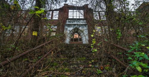 Overgrown stairs lead to a dilapidated building with large windows, surrounded by dense vegetation and rusted railings.