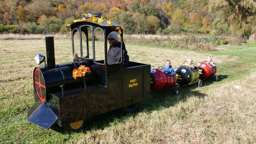 A small black train with a person driving and children riding in colorful barrels, set in a grassy field with trees in the background.