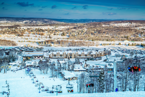 A snowy landscape with a ski resort, chairlifts, and a valley of trees under a clear blue sky.