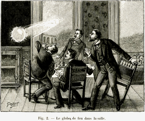 Four men in a room react in surprise to a glowing fireball entering through a window.