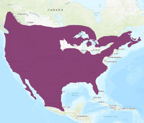 Map of North America shaded in purple, highlighting a specific region that includes parts of the U.S., Canada, and Mexico.