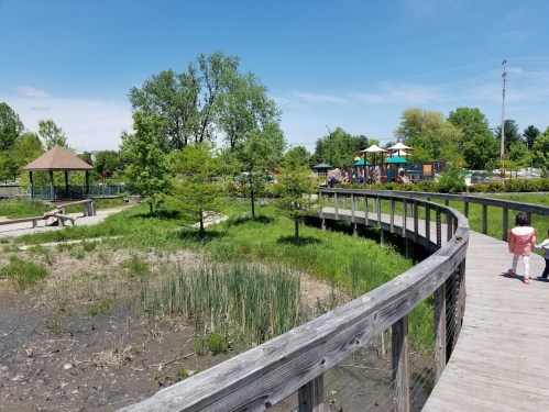 A wooden walkway curves through a green park with trees, a playground in the background, and a clear blue sky.