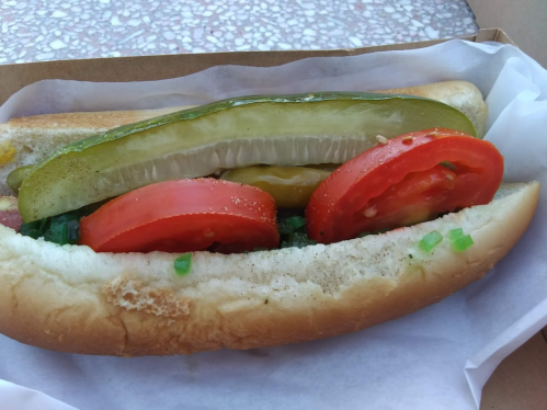 A hot dog in a bun topped with sliced tomatoes, pickles, and green onions, served in a takeout box.