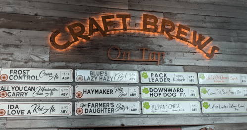 A wooden wall displaying a list of craft brews on tap with their names and ABV percentages.