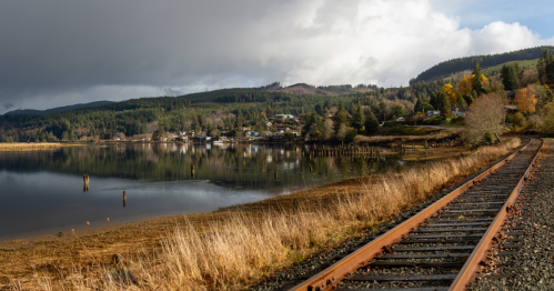 A tranquil lakeside scene with a railway track, surrounded by trees and hills under a partly cloudy sky.