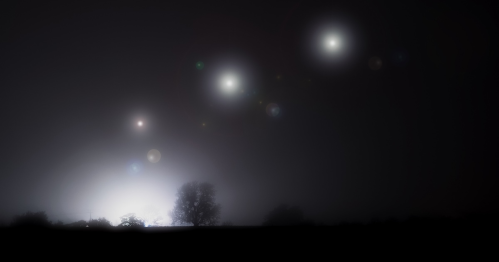 A dark, foggy landscape with faint lights glowing in the distance and a silhouette of a tree in the foreground.