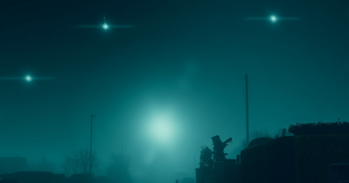 A foggy night scene with glowing orbs in the sky and a silhouette of a figure against a dimly lit background.