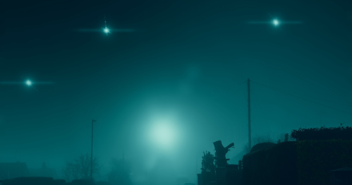A foggy night scene with glowing orbs in the sky and silhouettes of trees and buildings in the foreground.