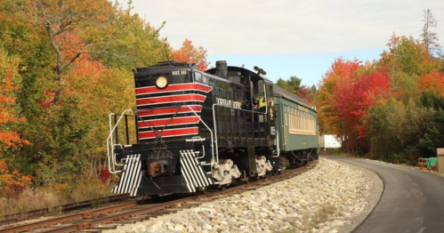 A vintage train with a black and red locomotive travels along a scenic track surrounded by colorful autumn foliage.