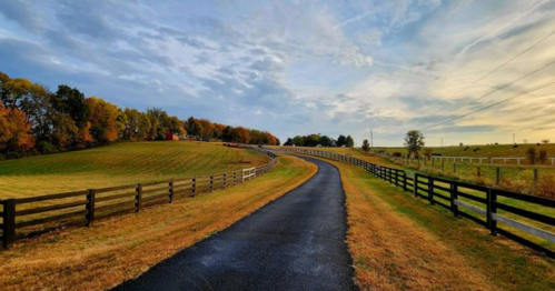 A winding road through a scenic landscape with green fields and trees under a cloudy sky.