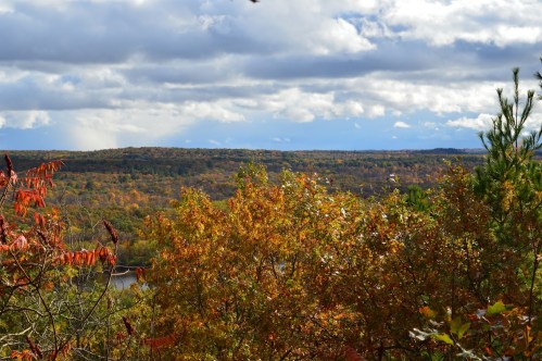 A scenic view of a colorful autumn landscape with trees in vibrant fall foliage under a cloudy sky.