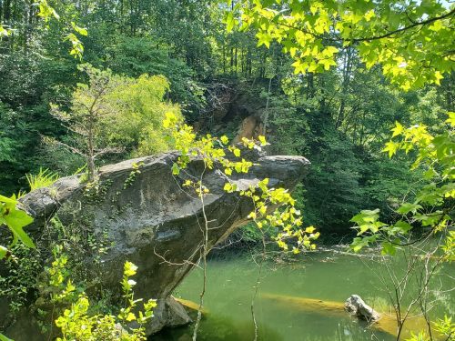 A rocky outcrop juts over a calm green river, surrounded by lush trees and vibrant leaves.