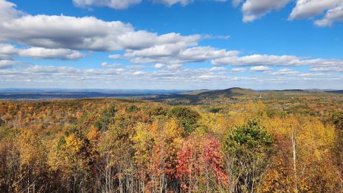A scenic view of rolling hills covered in autumn foliage under a blue sky with fluffy clouds.