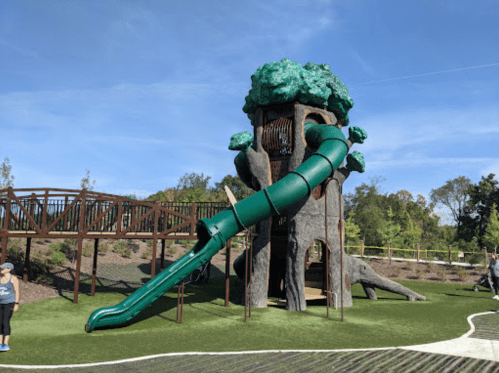 A playground structure resembling a tree with a green slide, surrounded by grass and wooden walkways.