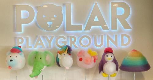 Colorful cotton candy figures of animals and a rainbow, displayed in front of a glowing "Polar Playground" sign.