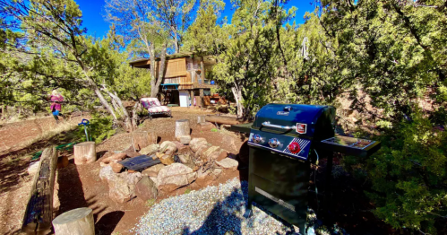 A backyard scene featuring a grill, fire pit, and a cabin surrounded by trees under a clear blue sky.