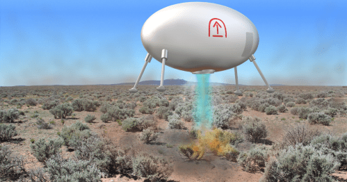A futuristic spacecraft hovers above a desert landscape, emitting colorful smoke while surrounded by sparse vegetation.