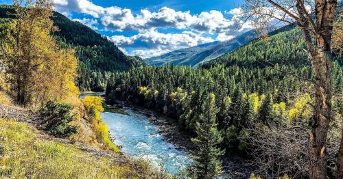 A scenic view of a river winding through lush green forests and mountains under a bright blue sky with fluffy clouds.