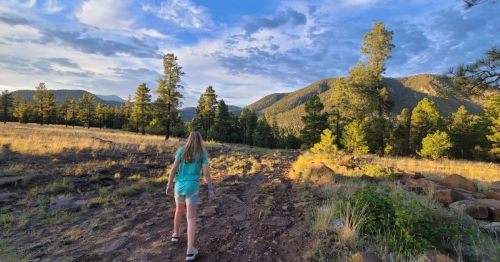 A girl walks along a dirt path in a forested area, with mountains and a blue sky in the background.