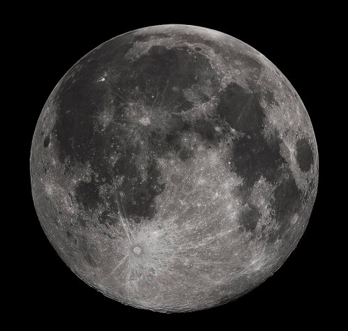 A detailed view of the full moon, showcasing its craters and surface texture against a black background.
