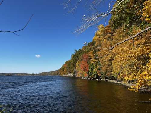 A serene lake scene with vibrant autumn foliage along the shore under a clear blue sky.