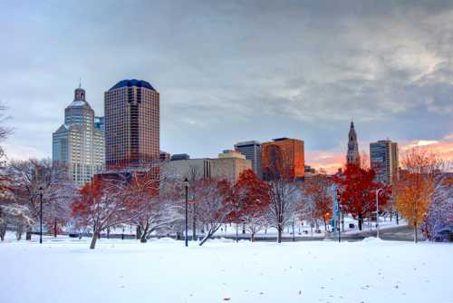 A winter cityscape featuring snow-covered ground, colorful trees, and tall buildings under a cloudy sky.