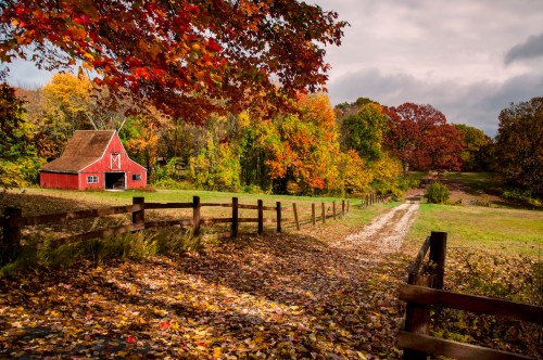 A scenic autumn landscape featuring a red barn, colorful trees, and a gravel path lined with a wooden fence.