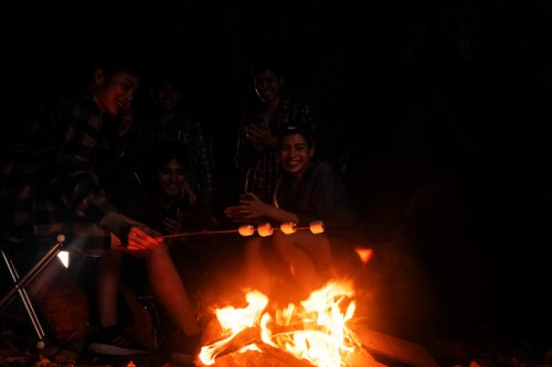 A group of friends roasting marshmallows over a campfire in a dark setting, enjoying their time together.