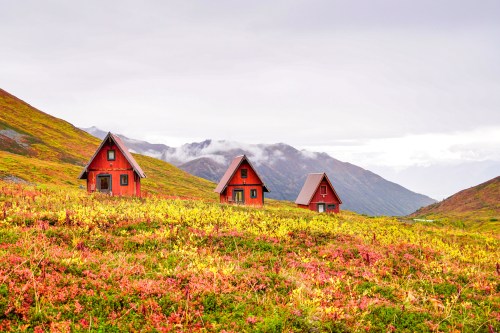 Three red cabins nestled in a colorful, flower-filled landscape with mountains and cloudy skies in the background.